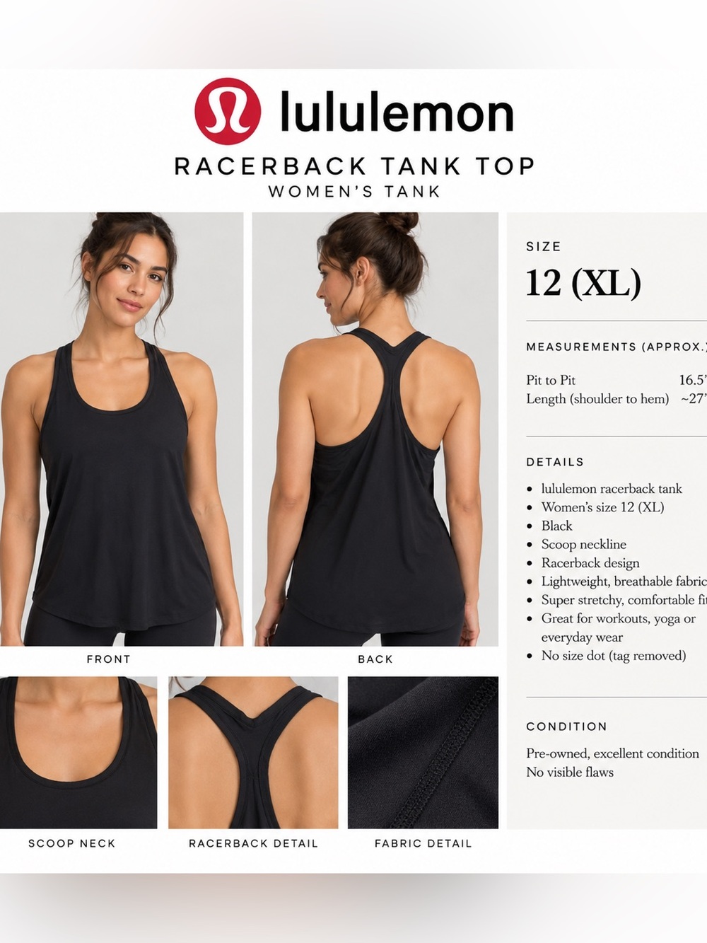 lululemon Black Racerback Tank Top – Size 12 / XL